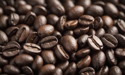 Obraz premium Close-Up View of Roasted Coffee Beans in Rich Detail. Coffee background