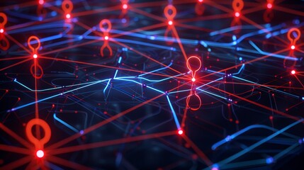 Cybersecurity Breach Alert: Intricate Network Map with Glowing Lines and Red Warning Symbols on Dark Blue Gradient Background