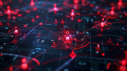 Cybersecurity Breach Network: Detailed Digital Illustration of Interconnected Nodes with Attack Indicators on Dark Background