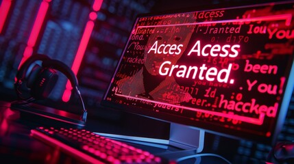 Cybersecurity Breach Alert: Hacker Message "Access Granted. You have been hacked" on Desktop Monitor with Binary Code Background and Masked Face Emblem