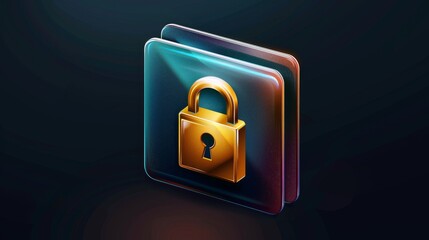 Secure Encrypted Data File Icon with Metallic Gold Padlock Symbol on Glossy Surface in Dark Theme - Digital Illustration Concept