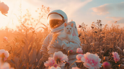 A photo of a cosmonaut in a light pink astronaut spacesuit, holding a white cute cat close. The golden hour light and the field of peonies evoke a sense of wonder and magic