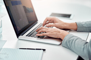 Laptop, hands and typing email in office for project, business or writing report on table. Computer screen, closeup and keyboard of financial agent on internet, research and person networking online