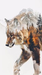 Wolf walking in the snow, double exposure