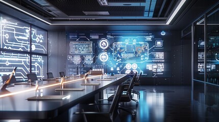 A futuristic conference room with an interactive wall display showing the process of developing a new AI technology, executives engaged in strategic planning,