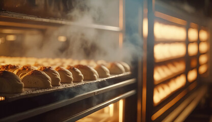 Bakery with hot fresh bread and pastry baking in the old town bakery, freshly baked products on shelves and the oven, small local business and food production idea
