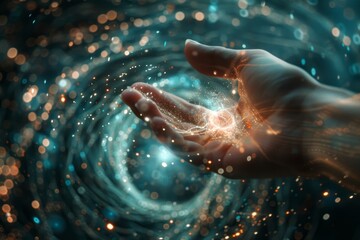 First contact. hand touching spinning vortex of light particles, neuronal network concept