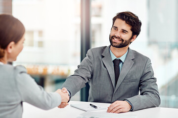 Businessman, handshake and smile in office for deal, meeting and recruitment or welcome in...