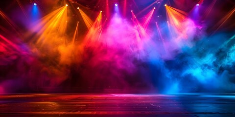 Theater stage with spotlight empty stage with bright colors and decorations. Concept Theater Stage, Empty Stage, Spotlight, Bright Colors, Decorations