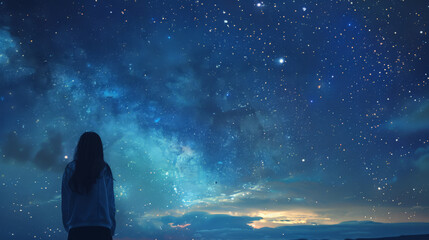 Fototapeta premium A woman stood looking at the night sky with beautiful twinkling stars. The tranquil nighthe twinkling stars above providing a mesmerizing 