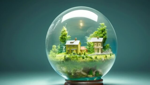 Miniature model of houses and trees inside a glass dome, representing a contained ecosystem. This creative display highlights environmental sustainability and the delicate balance of nature.