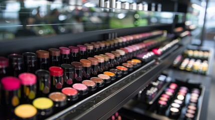 Finished lipsticks arranged on store displays and counters generative ai