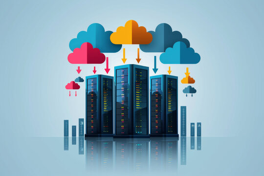 Illustrative image of computer servers on clouds representing cloud computing.Cloud Network Solution digital background. Cyber Security and Cloud Technology Concept.
