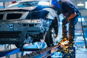 Modern car body repair service on white background with master welding after accident