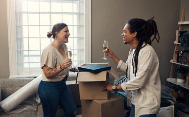 Couple, happy and toast with boxes or champagne in living room for moving, celebration and new home. People, cardboard and alcohol bottle for real estate, entrepreneurship or property with investment