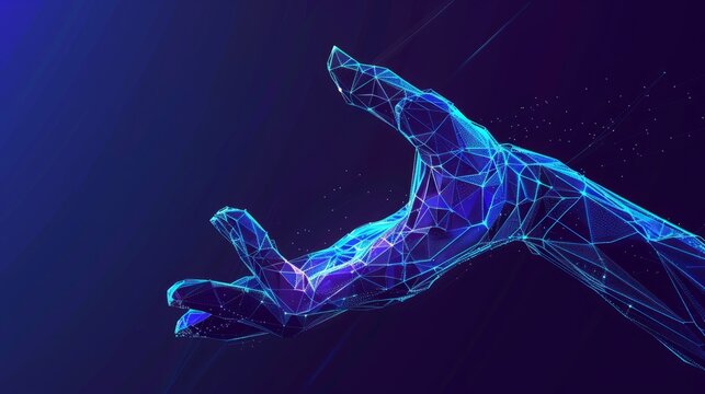 An illustration of hands with a hand in wireframe polygonal style on a blue background. Concept of signing or voting for a landing page.