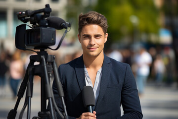 Generative AI illustration Professional reporter journalist in front of camera making live reportage