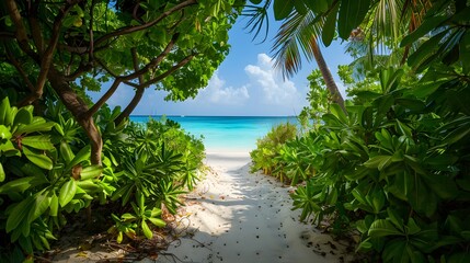Sandy path leading to a tranquil, turquoise beach framed by lush green tropical plants