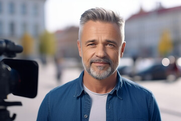 Generative AI illustration Professional reporter journalist in front of camera making live reportage