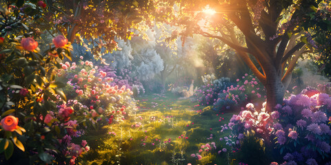 A photo of a secret garden with blooming flowers soft morning light
