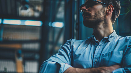 Fototapeta premium Serious man in blue shirt with folded arms. Portrait of a serious young man wearing a blue shirt and sunglasses with his arms folded, looking away from the camera.