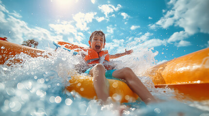 Exhilarating Water Slide Adventure: Young Boy's Summer Joy Captured