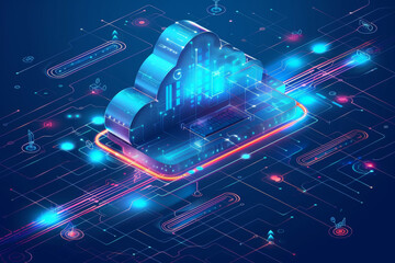 Illustrative image of computer servers on clouds representing cloud computing.Cloud Network Solution digital background. Cyber Security and Cloud Technology Concept.
