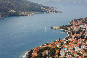 Wide view from mountain to bay of Kotor in Montenegro, Mediterranean Sea background