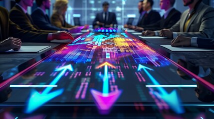 An executive boardroom with a futuristic touchscreen table displaying a vibrant business graph with arrows showing profit increases, surrounded by focused businesspeople,