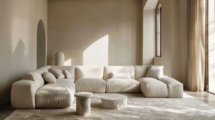 A photo of a large cream corner sofa in the living room, with beige walls and carpet flooring, and 