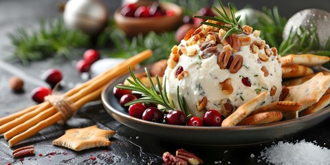 Festive Cheese Ball Recipe with Nuts, Herbs, Cranberries, Rosemary Crackers, and Breadsticks. Concept Holiday Appetizers, Gourmet Food, Festive Snacks, Cheese Ball Recipe, Party Platters