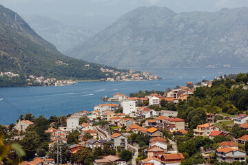 Wide view from mountain to bay of Kotor in Montenegro, Mediterranean Sea background