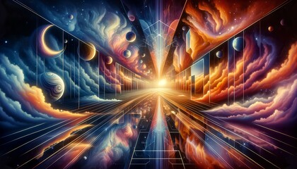 the artistic image depicting the concept of parallel universes, showing different worlds or universes in the same frame using reflection and repetition.