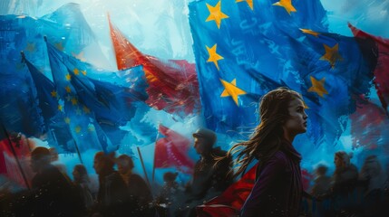 Crowd and supporters with European flags. The girl walks against the background of a blue flag.