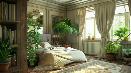 decorative elements in the closet environment, such as green plants, stacked books or decorative cushions, interior of a bedroom generative ai