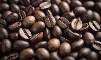 Fototapeta premium Close-Up View of Roasted Coffee Beans in Rich Detail. Coffee background