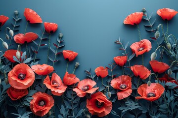 Banner with red poppy flowers on blue background, symbol for remembrance, memorial, anzac day