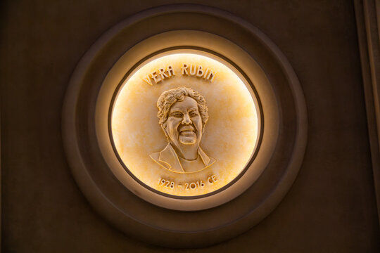 Abu Dhabi, UAE - March 22, 2024: Illuminated medallion of Vera Rubin, an American astronomer