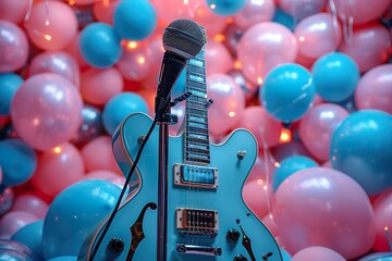 birthay banner background containing classic guitar, microphone and birthday baloons