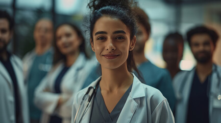 A portrait of an attractive young female doctor standing in the middle, surrounded by her male and female colleagues - Powered by Adobe