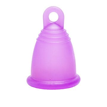 Menstrual cup in purple color, bell shape, isolated on transparent PNG background. Concept of reusable and ecological feminine hygiene product.