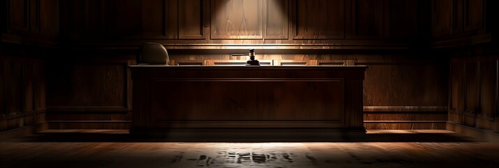 Empty judge's bench, The judge's gavel rests on the empty bench, illuminated by a single spotlight, creating a powerful image of justice.