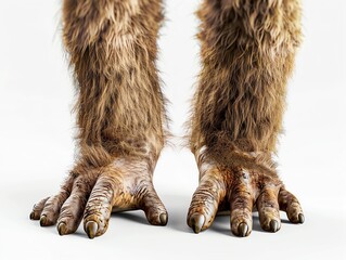 A photorealistic birds-eye view of Bigfoot, detailed fur texture, standing on an isolate white background, high-resolution image for stock photo use