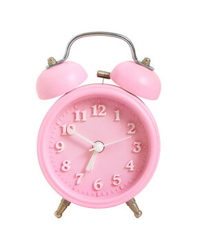 Pink alarm clock isolated on PNG transparent background. Front view.