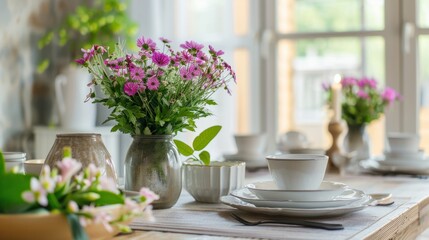 decorative elements on the dining table, such as vases with fresh flowers, candles or ceramic bowls generative ai