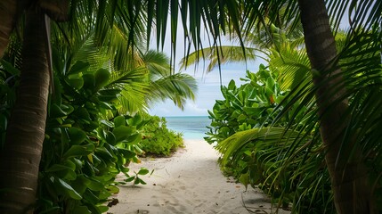 Sandy path leading to a tranquil, turquoise beach framed by lush green tropical plants