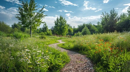 Obraz premium leafy trees, fields of flowers or winding paths generative ai