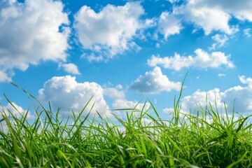 Obraz premium Lush green grass and clear blue sky dotted with clouds. Scenic natural backdrop. Ample space for text