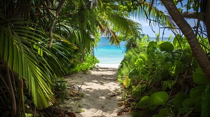 Fototapeta premium Sandy path leading to a tranquil, turquoise beach framed by lush green tropical plants