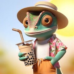 Portrait of anthropomorphic chameleon mascot in fashionable summer apparel holding refreshing bubble tea	